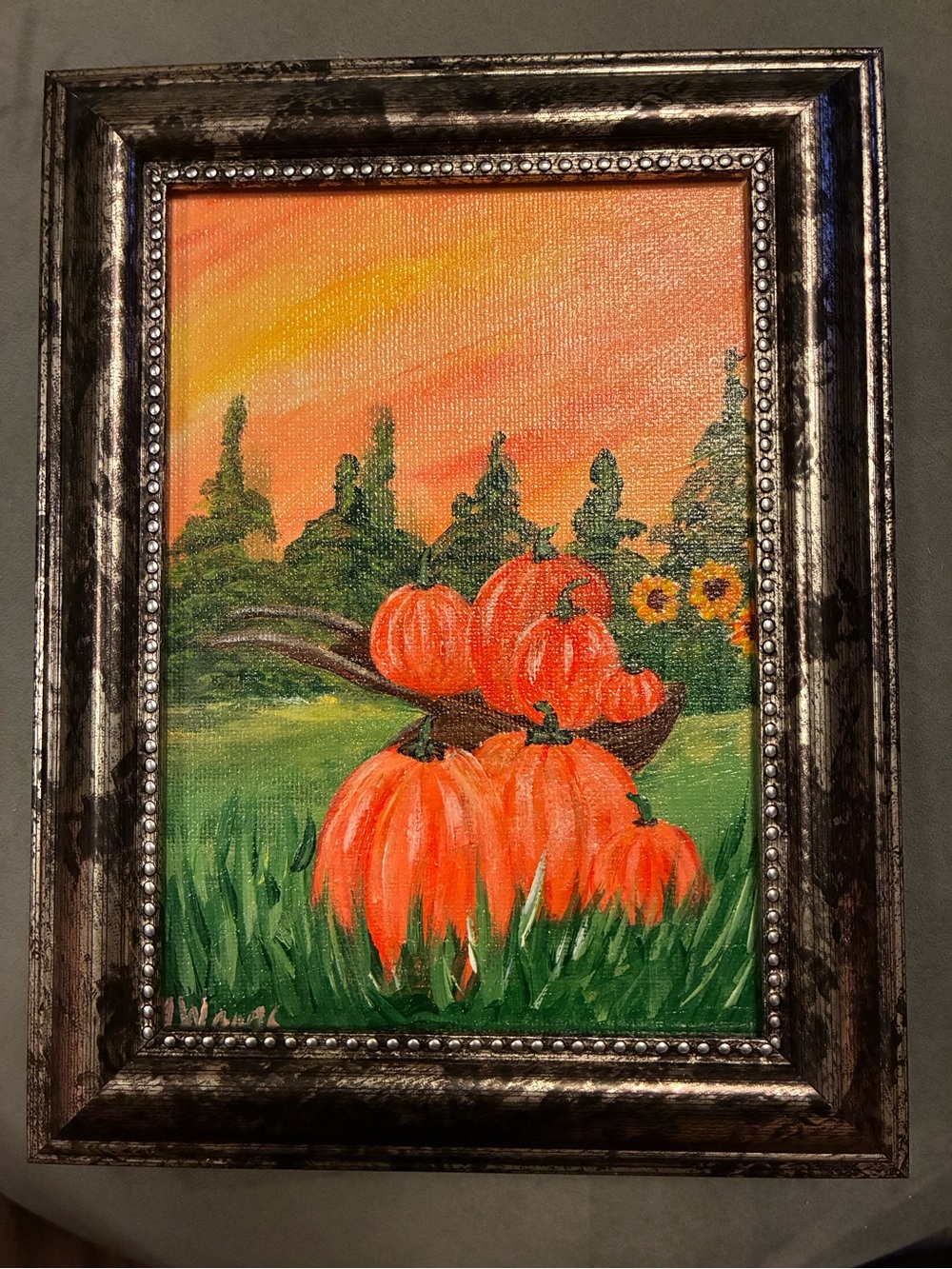 Hand-Painted Orange Pumpkin Field Canvas Art by M Williams local Maine Artist